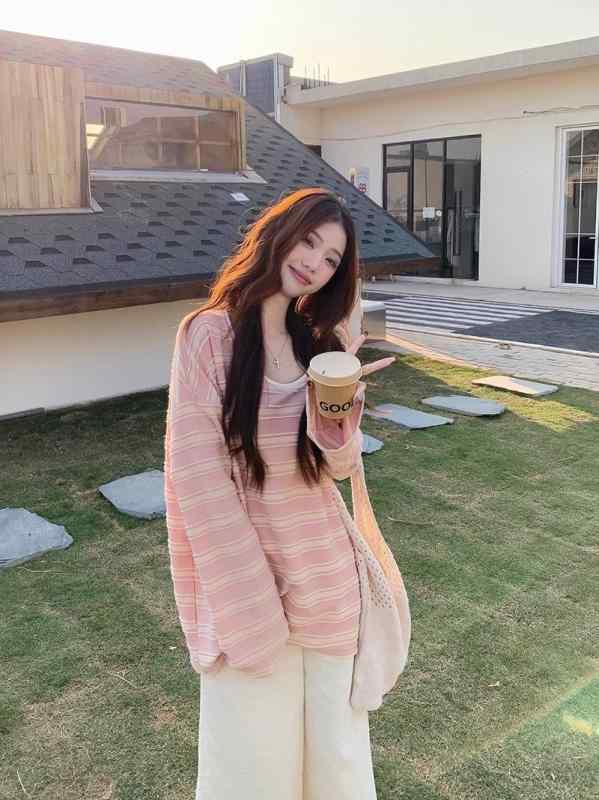 長袖 Tシャツ レディース 春夏 インスピレーション 韓国 撞色 ストライプ ゆったり ルーズ フィット 百搭 スリム ニット トップス セー..