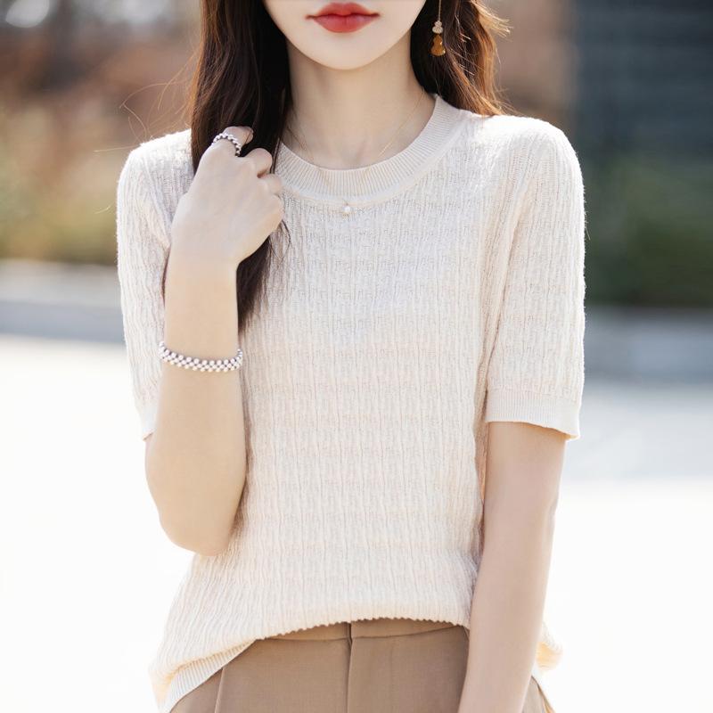 乐天商城 - Tシャツ レディース 春夏 純棉 綿 素材 丸首 デザイン 刺繍 ニット 短袖 トップス ゆったり シルエット インナー シャツ 普段使い 部屋着 吸湿速乾 軽量 通勤用 ブラック ホワイト ピンク系 アイボリー ベージュ グレー 接触冷感 伸縮性 高級