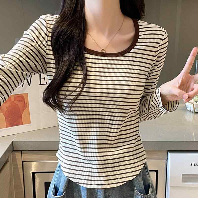Other - トップス 女性用 長袖 ストライプ Tシャツ 切り替え デザイン Uネック 春秋 秋冬 軽量 伸縮性 吸湿速乾 カジュアル 普段使い ブラック グレー アイボリー ビッグシルエット Vネック 合い ソフト トップス レイヤード コーデ
