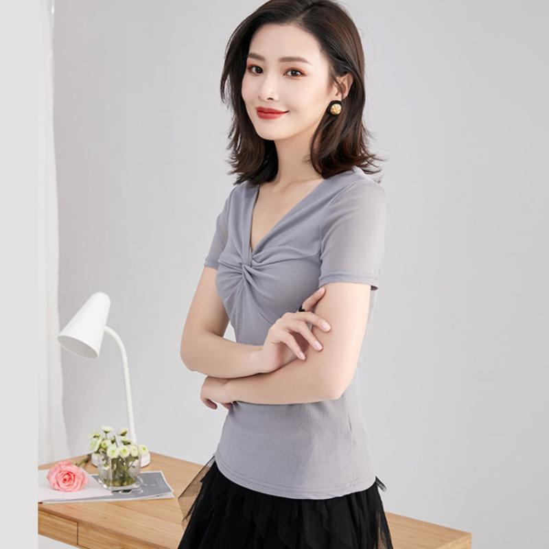 Garments - Tシャツ 女性用 Vネック スリムフィット メッシュ 短袖 春夏 韓国 気質 ファッション カジュアル トップス 吸湿速乾 軽量 ブラック ピンク系 アイボリー ビッグシルエット 通勤 普段使い