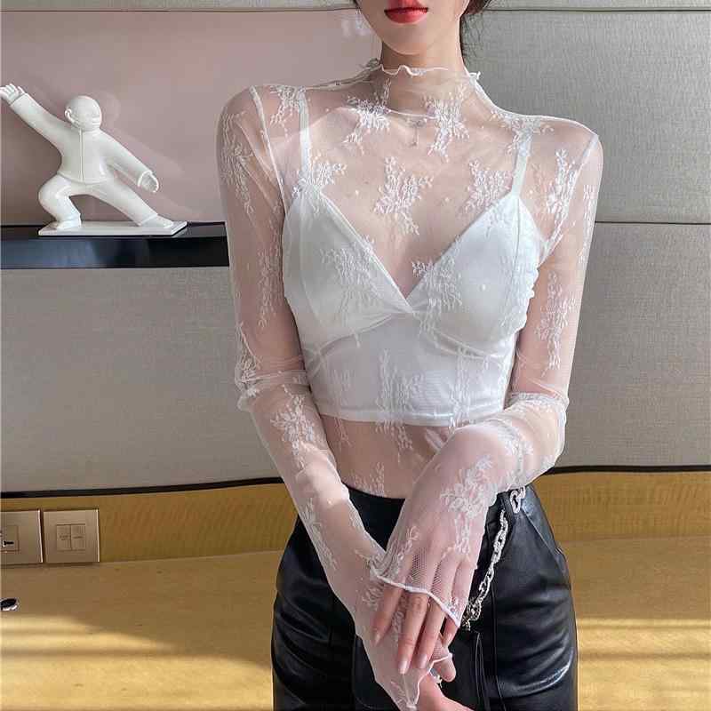 トップス 女性用 インナー 半高領 切り替え レース 薄手 透け感 ネット素材 軽量 春夏 ブラウス シャツ ブラック 白 ピンク アイボリー 伸縮性 通勤 普段使い 部屋着 カジュアル