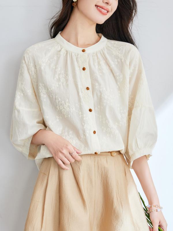 シャツ レディース 春夏 復古 刺繍 デザイン フレンチスタイル 別注 トップス 軽量 綿素材 ゆったりシルエット 通勤 普段使い かわいい ブラウス 切り替え 袖なし ロング丈 アイボリー ピンク系 吸湿速乾 伸縮性 ビッグシルエット Vネック ハイネ