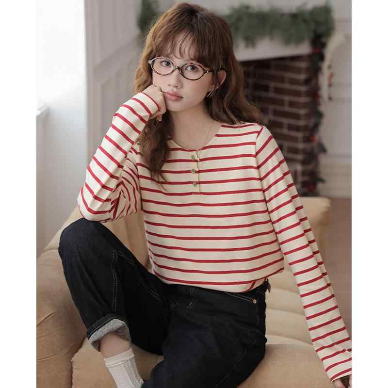 Tシャツ トップス 女性用 春夏 韓国 少女かわいい カラフル 虹色 ストライプ柄 切り替え スリム効果 セットインスリーブ 長袖 打底シャツ レイヤード 普段使い 軽量 伸縮性 コットン混 ピンク系 ブルー系 グリーン系 ビッグシルエット 通勤 カジ
