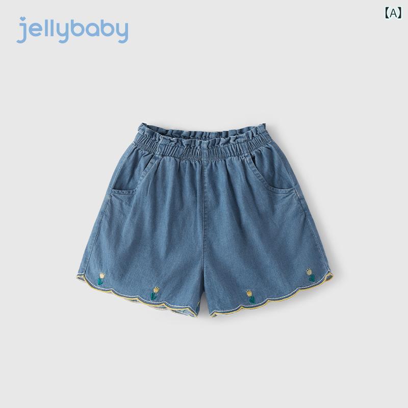 Long-Trousers, Trousers - 女の子 キッズ デニム ショートパンツ 夏 春夏 5歳 女児 純綿 吸湿速乾 軽量 カジュアル 普段使い かわいい ブルー系 ベビー 子供 牛仔 短パン 綿素材 通気性 動きやすい ファッション トップス 合わせやすい