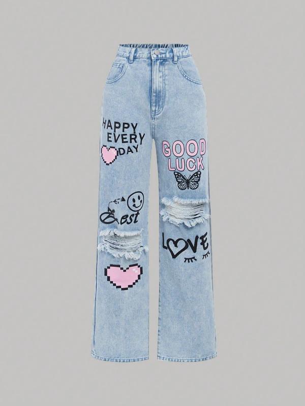 Long-Trousers, Trousers - キッズ デニムパンツ 男の子 女の子 ロングパンツ ワイドレッグ ストレートシルエット グラフィックプリント 子供服 コットン素材 伸縮性 軽量 普段使い 学校用 通学 通年使用 ビンテージスタイル ストリートファッション インディゴブルー ダークウォッ