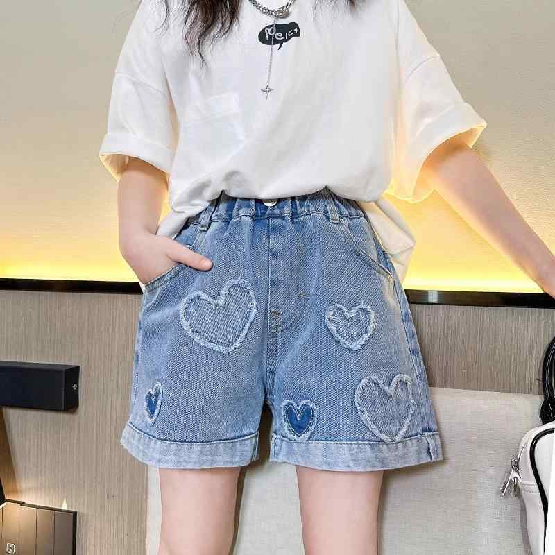 Long-Trousers, Trousers - 女児 デニム ショートパンツ 女の子 夏 子供 熱パン 通学 普段使い 軽量 伸縮性 吸湿速乾 コットン デニム素材 ハイウエスト ブルー系 春夏 かわいい ビッグシルエット 動きやすい カジュアル