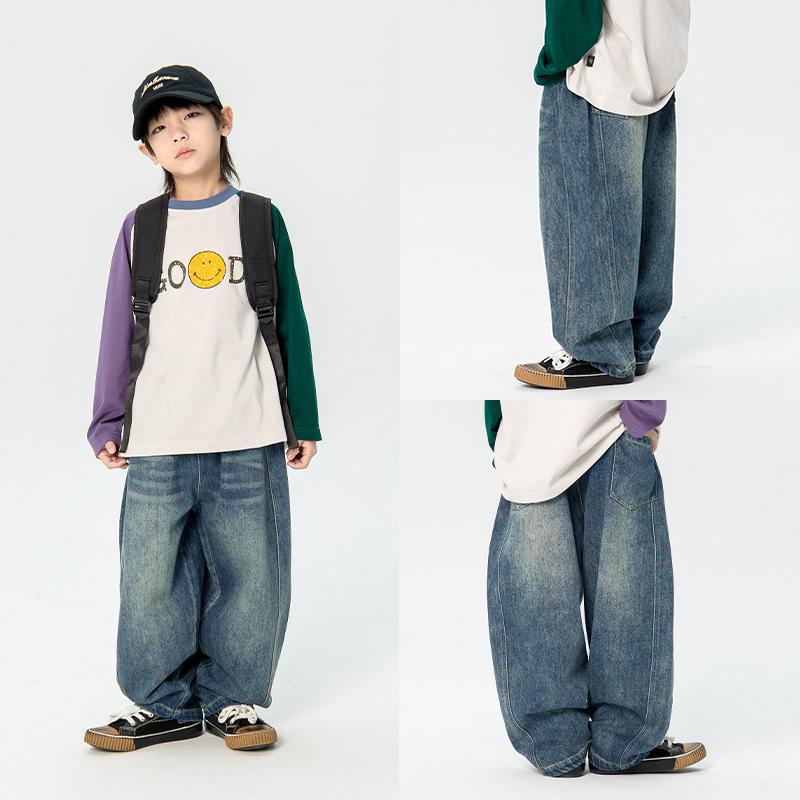 Long-Trousers, Trousers - 子供服 男の子 デニムパンツ 直筒 ローラーパンツ 春夏 コットン 素材 伸縮性 吸湿速乾 軽量 普段使い カジュアル ファッション アイボリー ブルー グレー ミッドライズ ビッグシルエット 通学 遊び着 日常 快適 トレンド デザイン 柔軟 耐久性