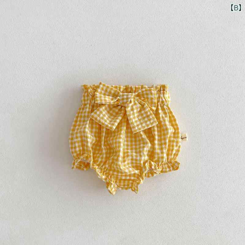 女児 キッズ 春夏 格子柄 短パン 花苞 デザイン かわいい 蝶結び 百搭 コットン 素...
