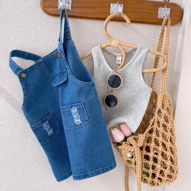 女児 春夏 セット デニム 背広 ワンピース 無袖 ベスト 2点組 かわいい 子供服 コーデ 伸縮性 軽量 コットン素材 ハイウエスト デザイン 通学 普段使い 遊び着