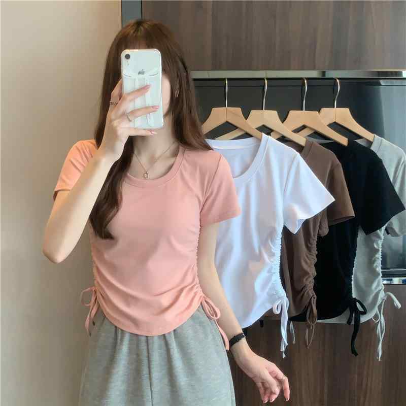 Tシャツ 女性用 春夏 短袖 ロープコード 韓国 デザイン 修身 ゆったり 短丈 学生服 トップス かわいい 普段使い 吸湿速乾 接触冷感 コットン ブラック ピンク系 アイボリー 軽量 通学 カジュアル