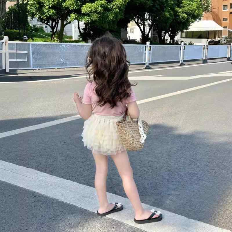 女の子 春夏 プリンセス スカートパンツ チュチュ 短パン かわいい 立体 網纱 フラワー バブル スカート ピンク系 コットン 軽量 フレア シルエット 通学 遊び着