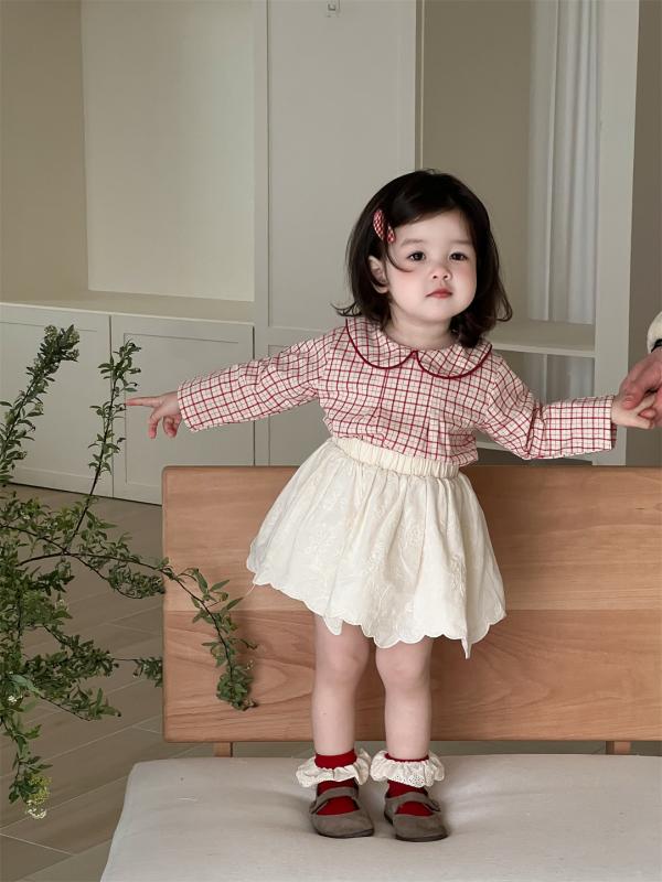 Rakuten - 女の子 服 春夏 キッズ 女児 チェック柄 トップス 短い スカート セット 綿素材 かわいい デザイン 通学用 普段使い 軽量 伸縮性 ピンク系 アイボリー ビッグシルエット