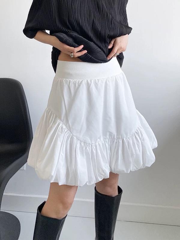 スカート 女性用 かわいい 甘辣 気質 高腰 伸縮性 スリム 泡泡 チューリップ フラワー 花苞 ショート スカートパンツ デザイン ミディ丈 ハーフスカート プリーツ フレア コットン 混紡 軽量 通勤 普段使い 春夏 秋 ピンク系 ブラック