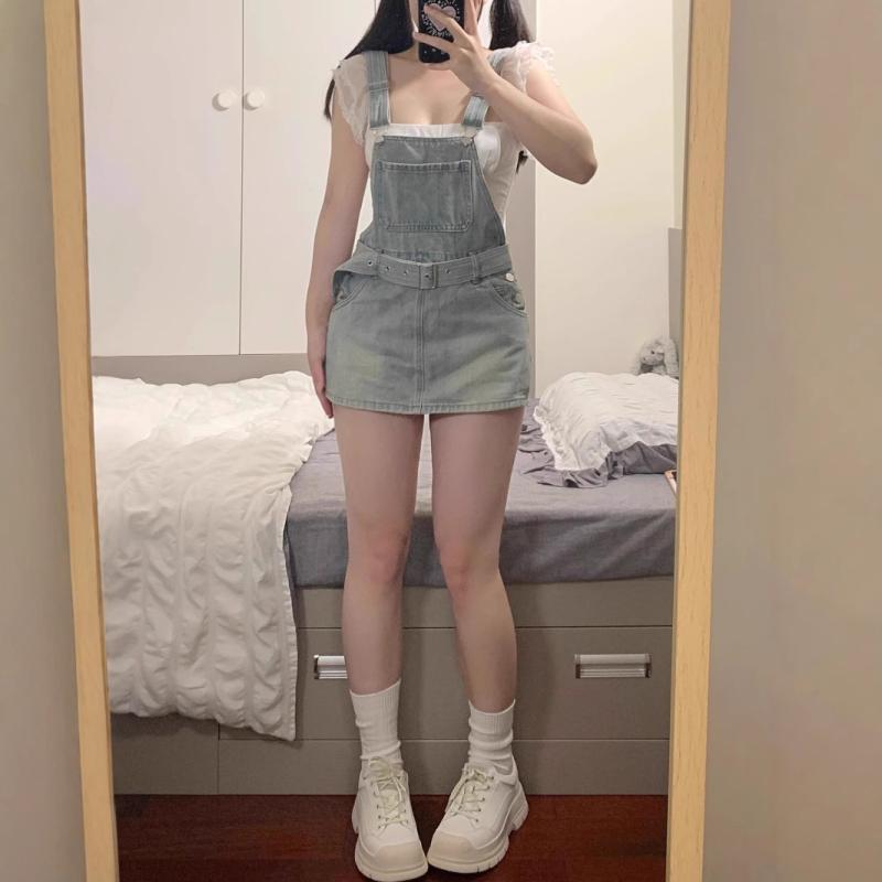 樂天商城 - ワンピース 女性用 春 レトロ アメリカン デニム 背広 ストラップ ドレス 防走光 吊り帯 スカート 高腰 包臀 Aライン 短め 膝上 伸縮性 吸湿速乾 通勤 普段使い カジュアル スタイル 軽量 ビッグシルエット ブルー系