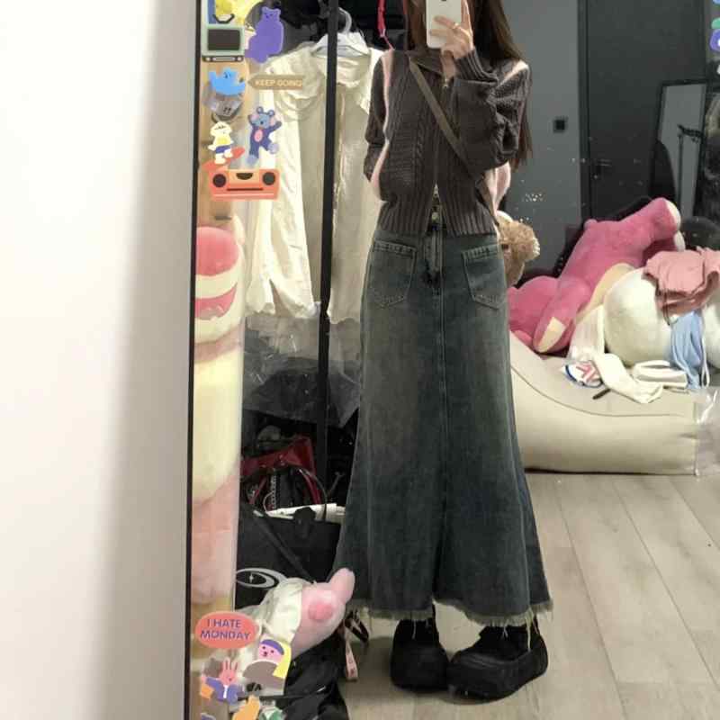 スカート 女性用 低身長向け 復古 かわいい フィッシュテール ハイウエスト Aライン 包臀 フリンジ デニム ミドル丈 XS スリムシルエット 軽量 伸縮性 通勤 普段使い カジュアル 春夏 秋冬