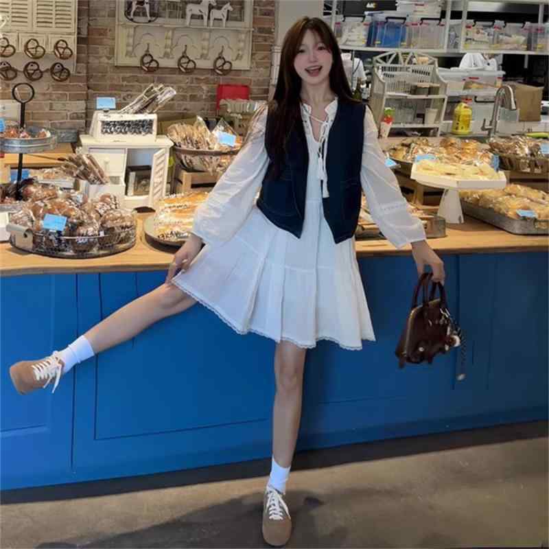 セット 単品 韓国 レトロ スイートガール デニム 馬甲 ベスト 女性用 秋 レイヤード レースエッジ ドール ワンピース ドレス コットン ..
