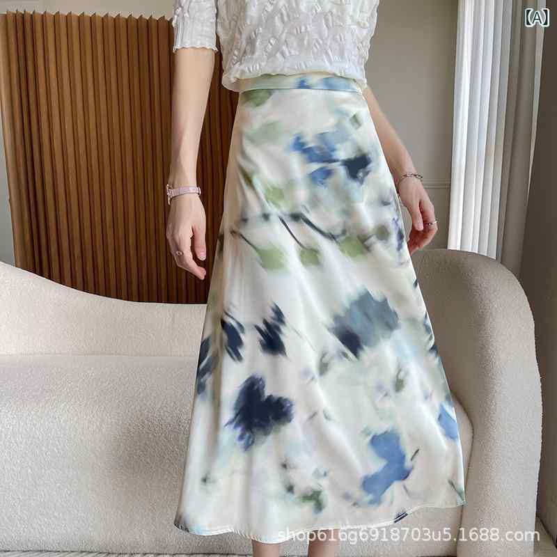 Skirts - スカート 女性用 高腰 Aライン ミディ丈 プリント 夏用 接触冷感 軽量 落ち感 スタイリッシュ インクアート柄 フレアシルエット 通勤 普段使い 綿混 吸湿速乾 ブラック ブルー系 グレー