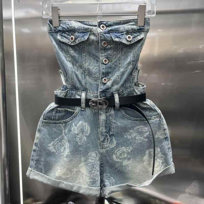 樂天商城 - ワンピース 女性用 夏 かわいい セクシー レースアップ 花柄 プリント ドレス ストラップレス ワンピース ショートパンツ セット デニム ホットパンツ 切り替え 軽量 伸縮性 通気性 コットン 混紡 ミッドナイトブルー ブルー系 ピンク系