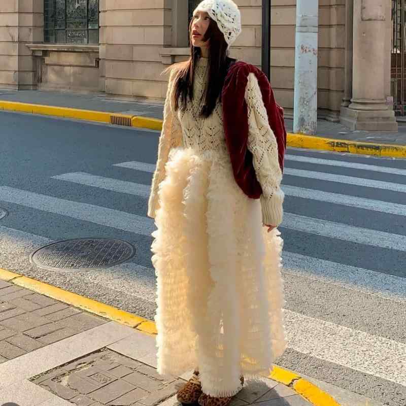 Rakuten - プリンセススカート 女性用 春夏 韓国 高腰 伸縮性 夢幻 レース 花柄 フリル チュール ガーリー ロングスカート 膝下丈 軽量 ふんわり シルエット ピンク系 アイボリー 普段使い 通学 通勤