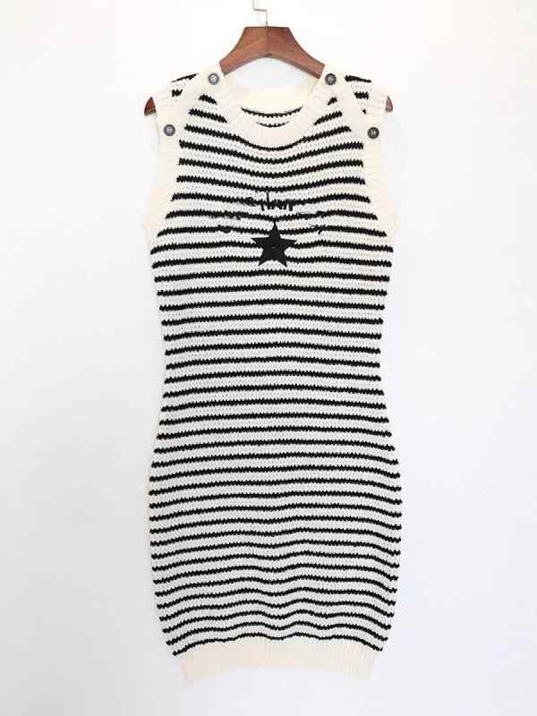 Skirts - ニット トップス レディース 春夏 ストライプ 丸首 肩落とし 無袖 切り替え ニット 背中開き ワンピース スカート 軽量 伸縮性 通勤用 普段使い ベーシックスタイル ブラック ピンク系 アイボリー