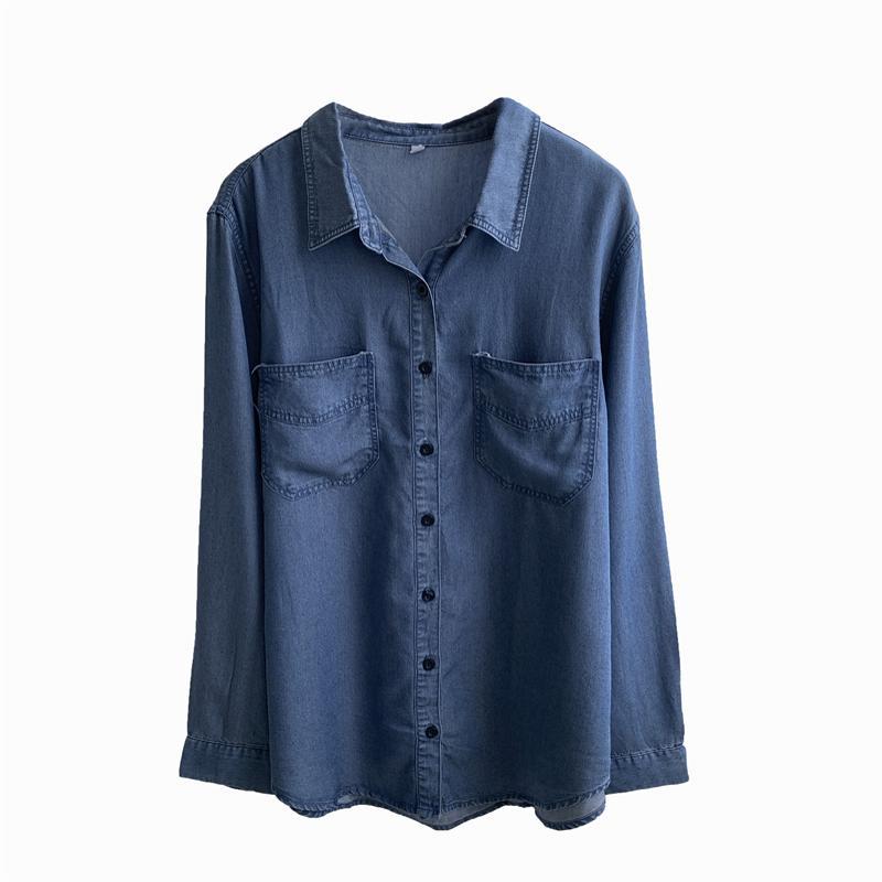 乐天商城 - 秋冬 女性用 復古水洗デニムシャツ トップス 長袖 ブルー ゆったりシルエット コットン混 吸湿速乾 普段使い カジュアルスタイル 軽量 通勤対応 アウトドア 切り替えデザイン ハイネック