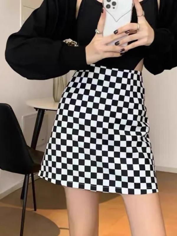 Rakuten - スカート 女性用 ハイウエスト 包みこみ 膝丈 チェック柄 気品 高級感 春夏 ミディ丈 Aライン 膝上丈 膝下丈 小柄向け 軽量 伸縮性 コットン混 デイリー カジュアル 秋冬 ブラック ピンク系 グレー