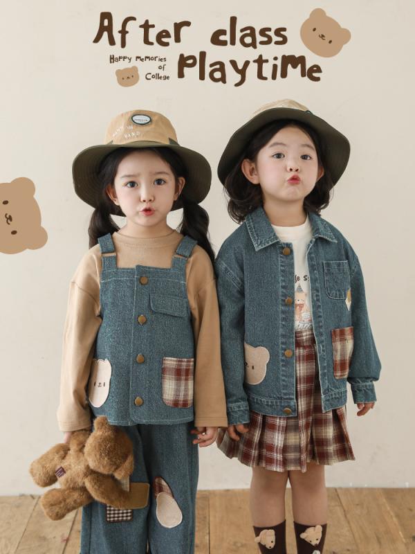 Cardigans - 女の子 子供服 セット クマ柄 トップス 春夏 チェック柄 プリーツスカート 復古 デニムジャケット シャツ パンツ かわいい 普段使い 綿素材 軽量 ビッグシルエット ピンク系 アイボリー