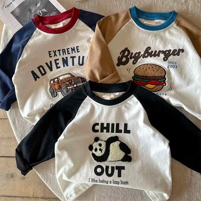 子供服 男の子 長袖Tシャツ 女の子 刺繍上衣 春夏 切り替え 肩落とし袖 打底シャツ...