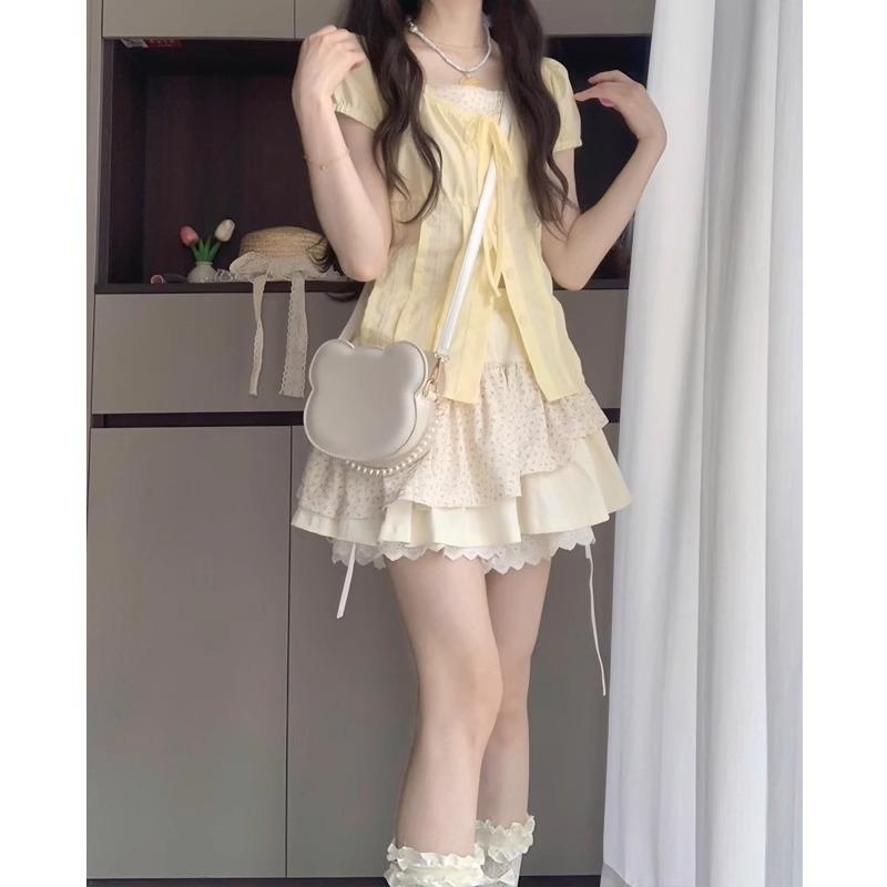Rakuten - レディース 春夏 セットアップ スカート ワンピース セット 女性用 かわいい 収腰 シャツ トップス 花柄 プリーツ ミニスカート 軽量 綿素材 通勤 普段使い カジュアル スタイル ピンク アイボリー ブラック