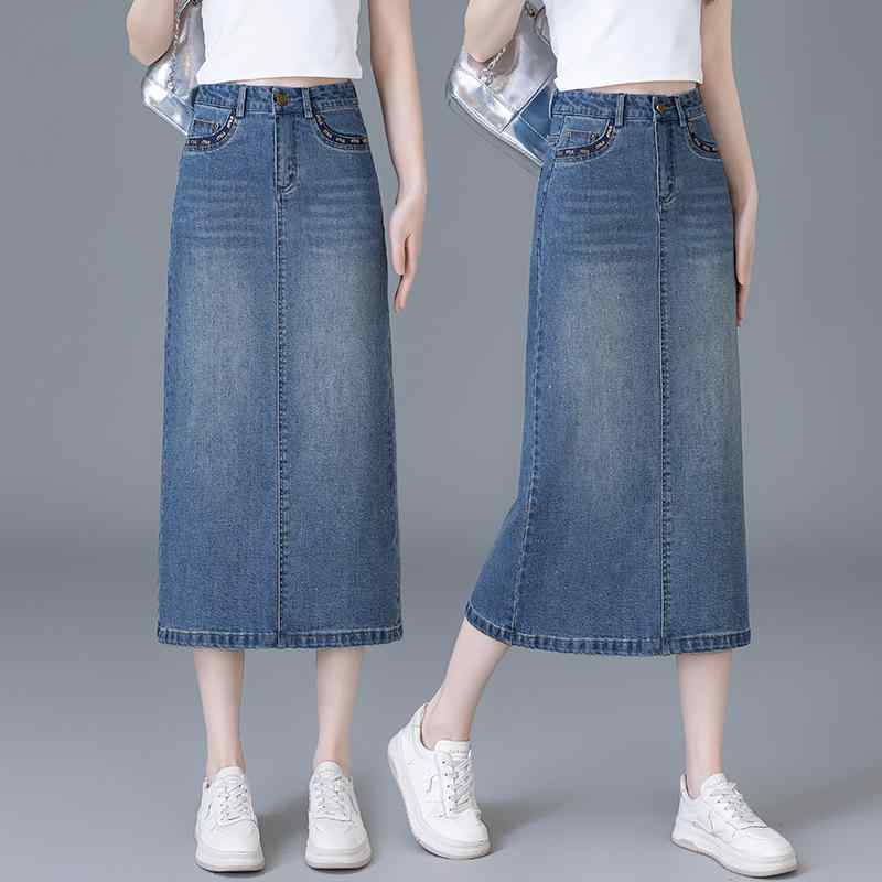 デニムスカート 女性用 夏 薄手 気品 ミドル丈 ハイウエスト スリム 膝丈 切り替え サイドスリット 水洗い ホワイト 伸縮性 軽量 吸湿速乾 カジュアル 普段使い 通勤