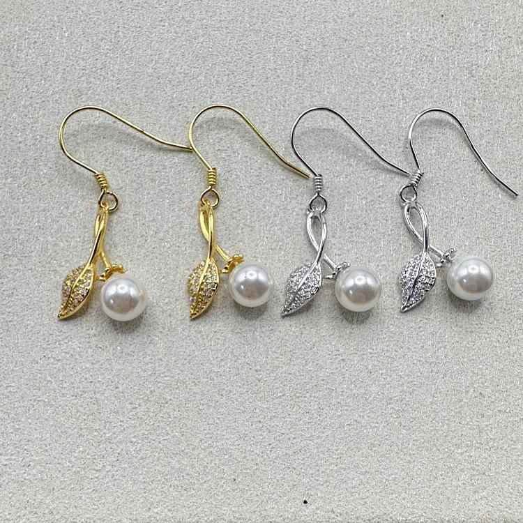 Tourmaline - ピアス シルバー シンプル デザイン 葉っぱ モチーフ ジルコニア 付け 真珠 空枠 アクセサリー 軽量 華奢 細工 女性用 普段使い ジュエリー イエローゴールド調