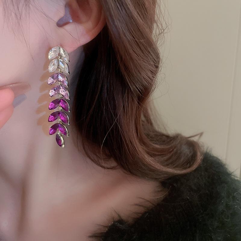 Opal - イヤリング ドロップ 紫ジルコニア 葉っぱ フープ 耳飾り 女性用 シルバー針 ファッション 大ぶり 高級感 かわいい 軽量 普段使い 秋冬