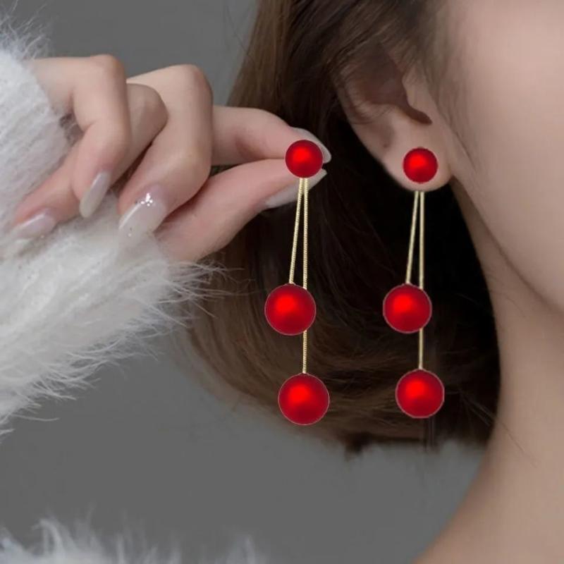 Red Coral - ピアス 女性用 真珠 ロング フリンジ スタッド イヤリング シルバー 網目 デザイン 気質 高級感 耳飾り 普段使い 軽量 百搭 アクセサリー