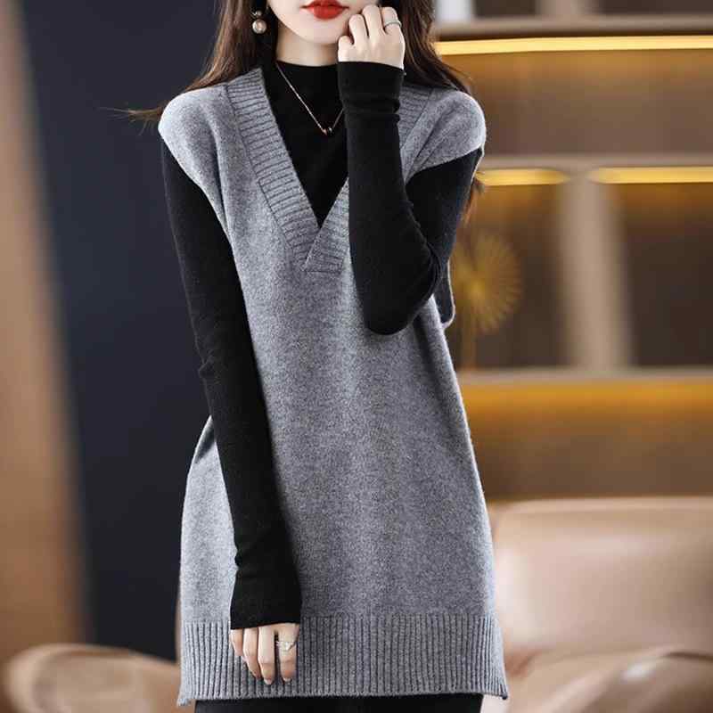 ニット ベスト 女性用 秋冬 厚手 ゆったり レイヤード ミドル丈 クルーネック イン...