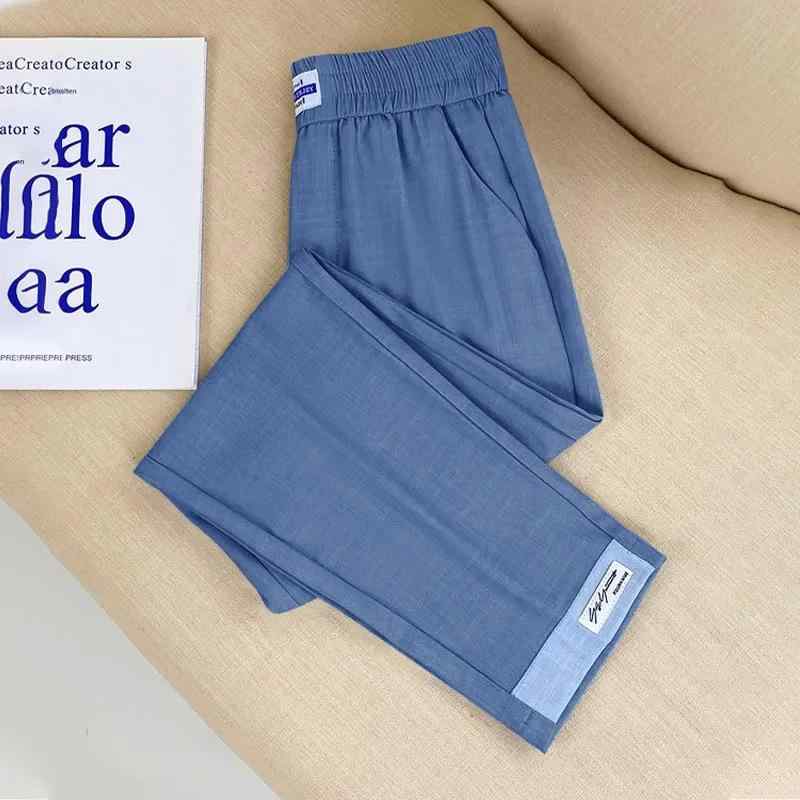 Capri Pants - 夏季 接触冷感 デニムパンツ 薄手 ワイドレッグ 大きいサイズ ハイウエスト スリム効果 中年女性用 膝丈 ハーレムパンツ ロングパンツ ストレッチ素材 軽量 普段使い 通勤用 春夏 秋 ブラック ブルー グレー