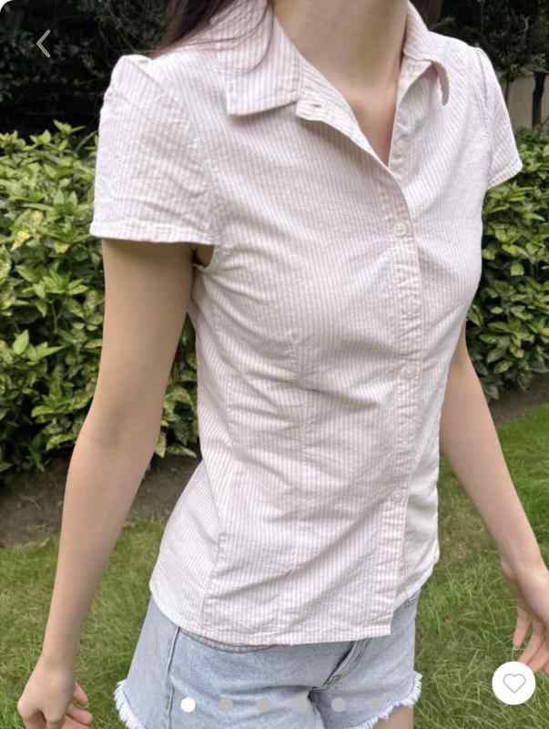 Other - レディース ブラウス かわいい ピンク系 ストライプ 柄 短袖 シャツ トップス 夏 春夏 通勤用 普段使い 修身 フィット 軽量 綿混 吸湿速乾 ビッグシルエット Vネック カジュアル スタイル
