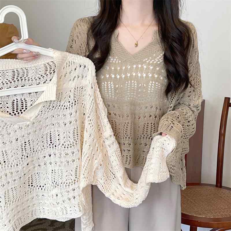 春夏 女性用 ゆったり トップス 薄手 防晒 長袖 針織 シャツ レース 刺繍 切り替え 吸湿速乾 軽量 通勤 普段使い 綿混 素材 ブラック ピンク系 アイボリー カジュアル スタイル ビッグシルエット Vネック ゆったり フィット