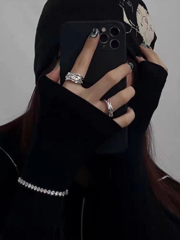 指輪 女性用 インスピレーション クール スタイル 調整可能 テクスチャ グレー アクセサリー シンプル モダン 普段使い シルバー調 軽量 ファッション ジュエリー