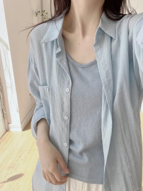 シャツ レディース 長袖 薄手 防紫外線 夏服 フレンチブルー ゆったり スリム 切り替え トップス 軽量 吸湿速乾 接触冷感 綿混 ブラウス ルームウェア カジュアル シャツ インナー レイヤード コーディネート ゆったりシルエット ゆったりフィット