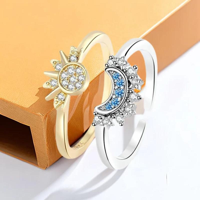 Rings - 指輪 女性用 シンプル デザイン ジルコニア 太陽 月 スター 恋人 ペアリング 指輪 シンプル デザイン スタイリッシュ 女性用 日常使い 金属 アクセサリー ペア ギフト ラブリー モチーフ 太陽 月亮 組み合わせ 可能 シルバー調 細身 リング セ