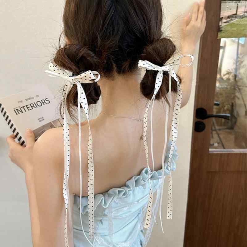 乐天商城 - ヘアアクセサリー 女性用 かわいい ポルカドット バレエ 発簪 ヘアクリップ サイドクリップ バングス固定 シルクリボン 後頭部ピン 柔らかい素材 日常使い 軽量 春夏 秋冬 通年