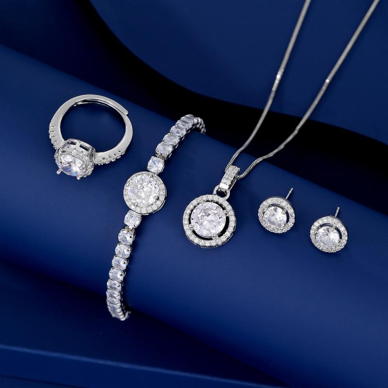 Pink - ジュエリーセット 女性用 シンプル 気品 モissanite 指輪 イヤリング ペンダント 手链 ネックレス 鎖骨チェーン キラキラ 輝き ファッション アクセサリー 普段使い セット シルバー調 スタイリッシュ