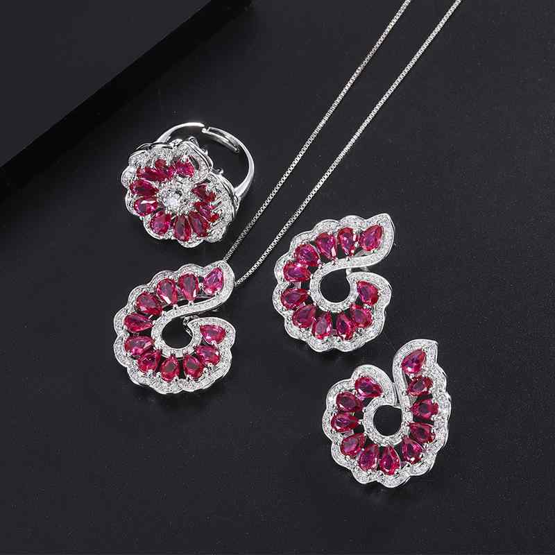 Beads - ジュエリー セット 女性用 純銀 針 デザイン 欧米スタイル ルビー ジュエリー イヤリング 指輪 ペンダント 組み合わせ 赤 宝石 アクセサリー 日常使い 華奢 デザイン 光沢 加工 ラッキーアイテム