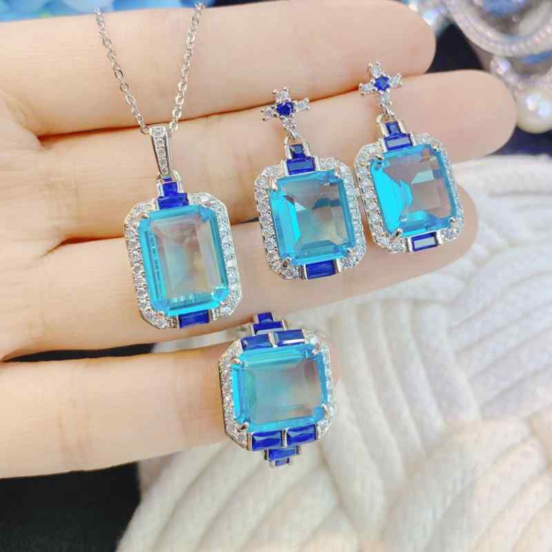 Heart - 指輪 ネックレス セット レディース 極光ブルー トパーズ アクアマリン ジルコニア プリンセスカット カラフル 宝石 高級感 華やか 女性用 ジュエリー アクセサリー 豪華 セット チェーン 吊り下げ デザイン 細工 輝き 装飾 品 プレゼント ギ