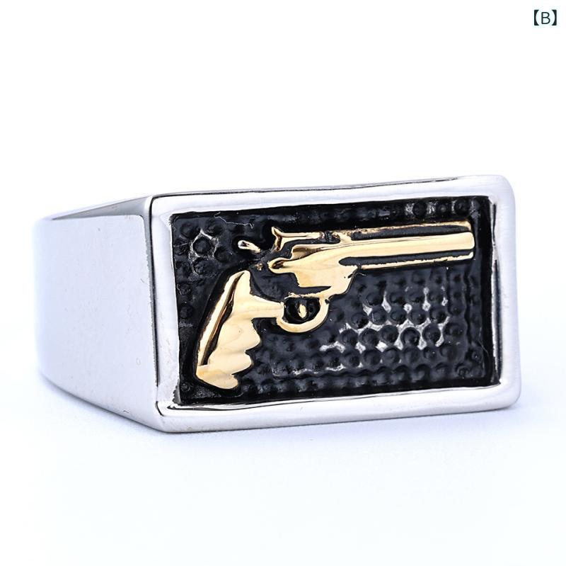 リバーパディのメンズ 指輪 男性用 銃型 バイカースタイル ファッション アクセサリー タイタン素材 耐久性 スタイリッシュ シルバー メタリック カジュアル 普段使い ラフ コーデ｜アングル3