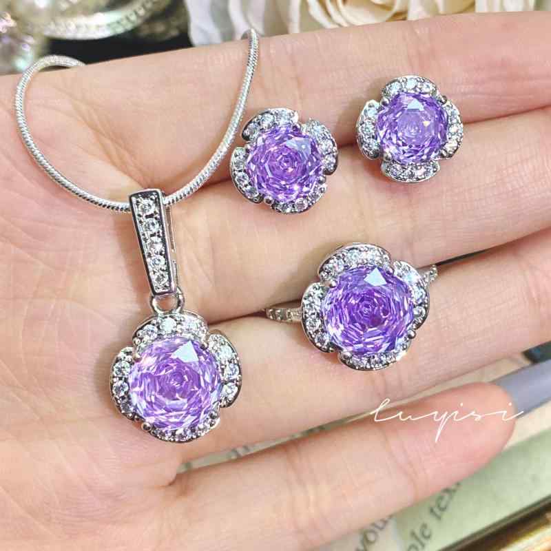 Clover - 指輪 ネックレス セット 女性用 八角 ローズカット 紫色 ジルコニア ピンキーリング アップルグリーン カラフル 宝石 キラキラ 華やか ファッション ジュエリー アクセサリー 普段使い ラブリー デイリー コーデ プレゼント