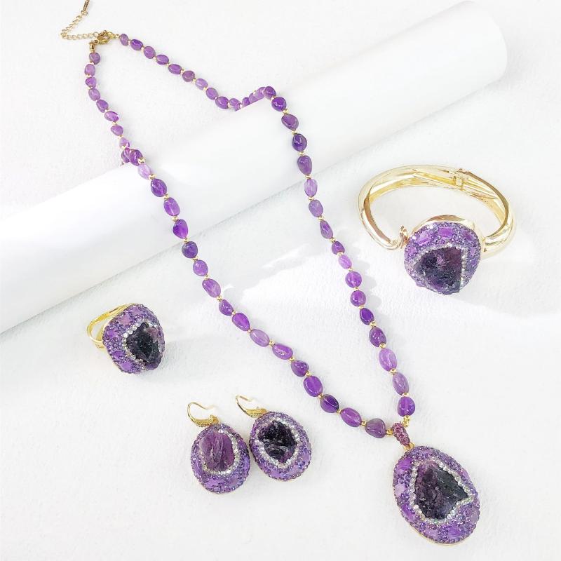 Jewelry Set: Natural Amethyst Necklace, Ring, Earrings, Brooch - Wrist Accessories - Fashionable, Lightweight, Luxurious, European Style - Sparkling, Delicate Design - Perfect for Everyday Wear and Gifts