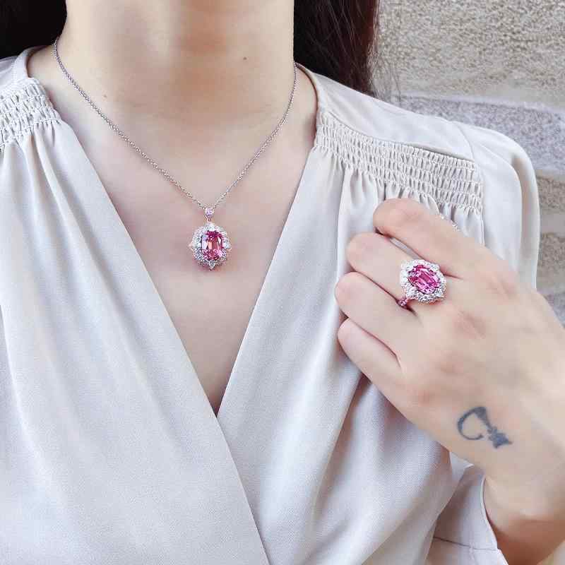 Women's Pink Retro Style Jewelry Set: Cute, Lightweight, Zirconia Necklace, Pendant, and Ring Set. Delicate Design, Layered Accessory, Perfect for Everyday Wear, Gift Idea, Fashion Item.