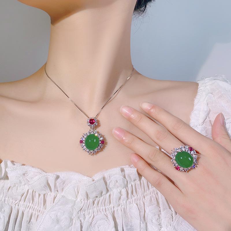 Women's Jewelry Set: Green Jadeite Simple Ring, Pendant, Necklace - Lightweight, Luxurious, Fashionable Accessories for Everyday Wear - Elegant Design - Green Tones - Costume Jewelry Set