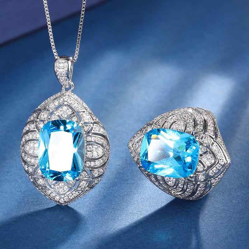 Jewelry Set: Ocean Blue Top Amethyst Rectangular Lightweight Gold Plated Necklace Pendant and Ring Set for Women. Delicate and Simple, Perfect for Everyday Wear and Gifting.